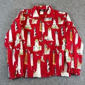 VINTAGE 90s Tapestry Lighthouse Jacket Womens Large Petite Red AOP Novelty 80s